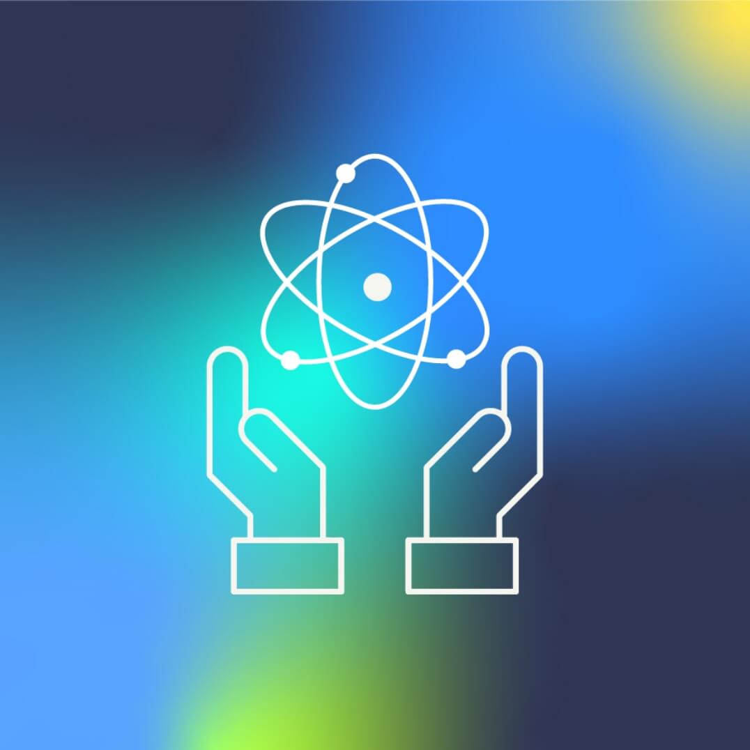 Colorful graphic with an icon of two hands holding an atom