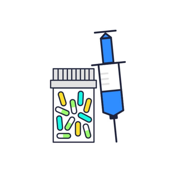 Icon representing a bottle of pills next to a syringe